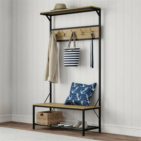 DAPHNES DINNETTE Entryway Storage Bench- Metal Hall Tree with Seat, Weathered Sand Woodgrain Look & Black DA3251359